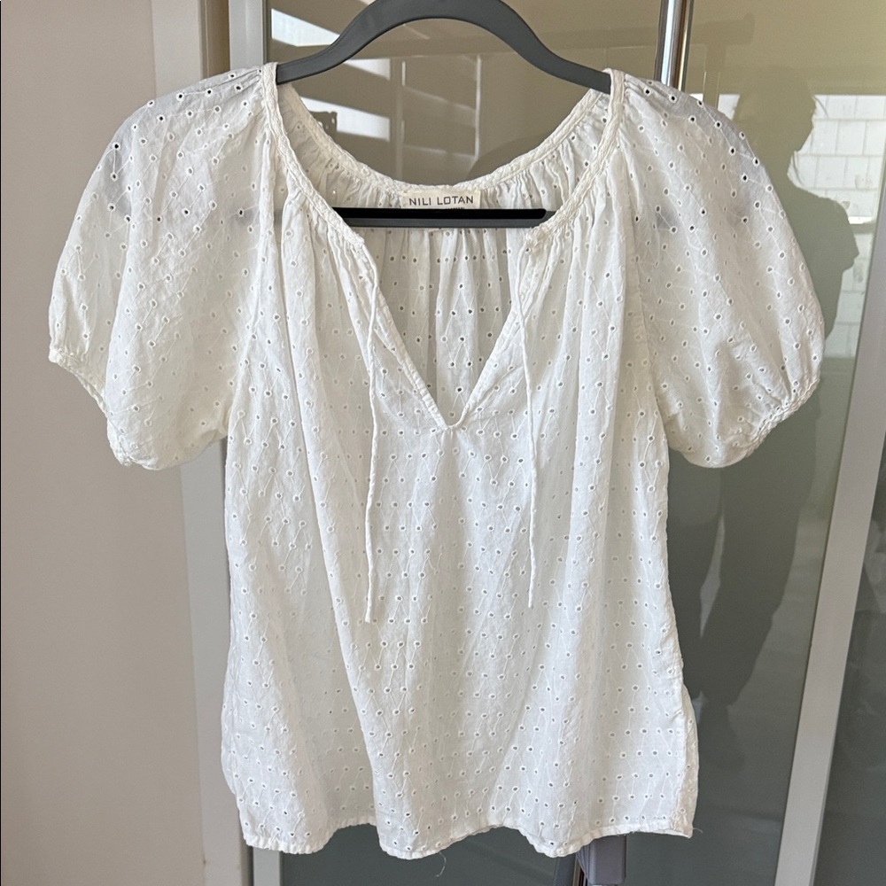 Nili Lotan White Eyelet Puff Sleeve Blouse | Size S